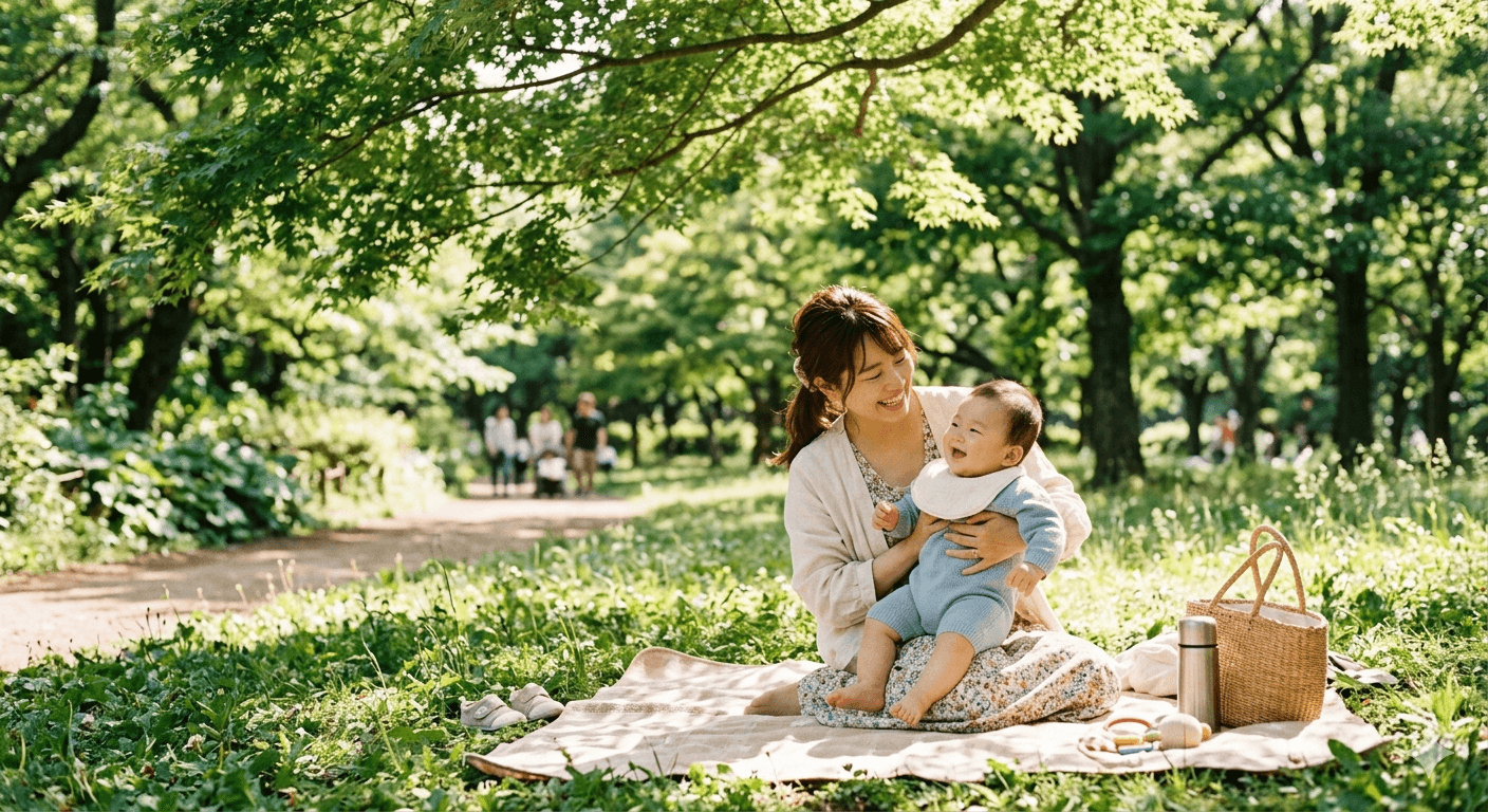 木漏れ日の中で赤ちゃんと過ごすお母さん